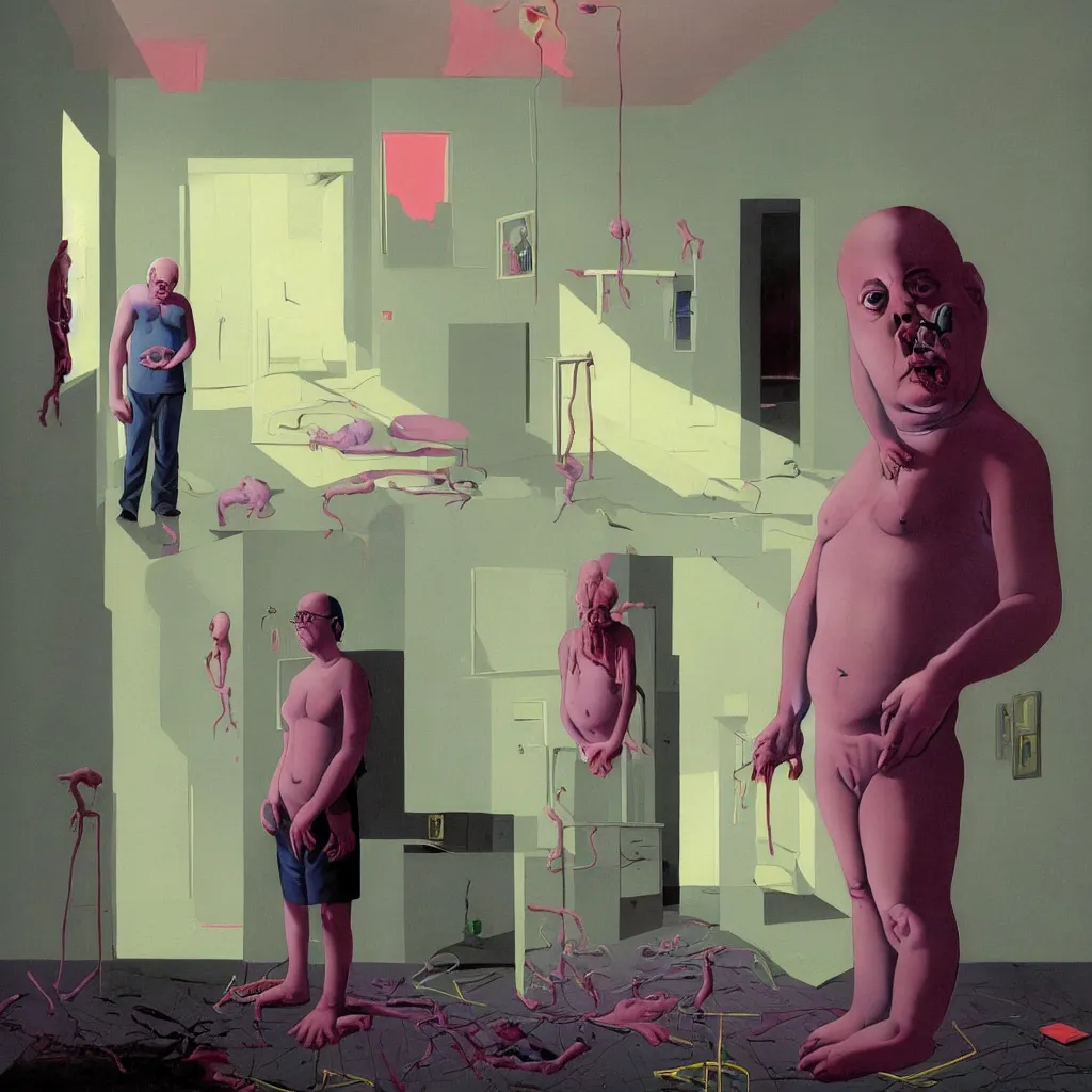 Image similar to weird and disturbing portrait of todd solondz standing alone in an empty appartment, vivid colors, neon, art by gregory crewdson, ( ( ( kuvshinov ilya ) ) ) and wayne barlowe and francis bacon and artgerm and wlop and william - adolphe bouguereau