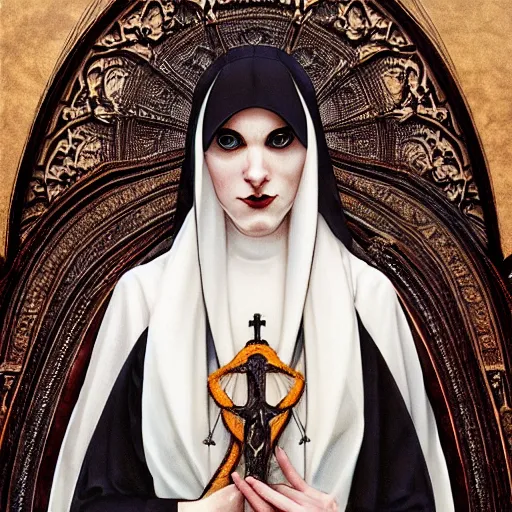 Image similar to gothic nun in full dress, perfectly detailed curiosities!! blessed by time with ever - increasing physical mental perfection, symmetrical! intricate, sensual features, highly detailed, biblical divine holy perfection!! digital painting, artstation, concept art, smooth, sharp focus, illustration, art by artgerm and greg rutkowski and alphonse mucha