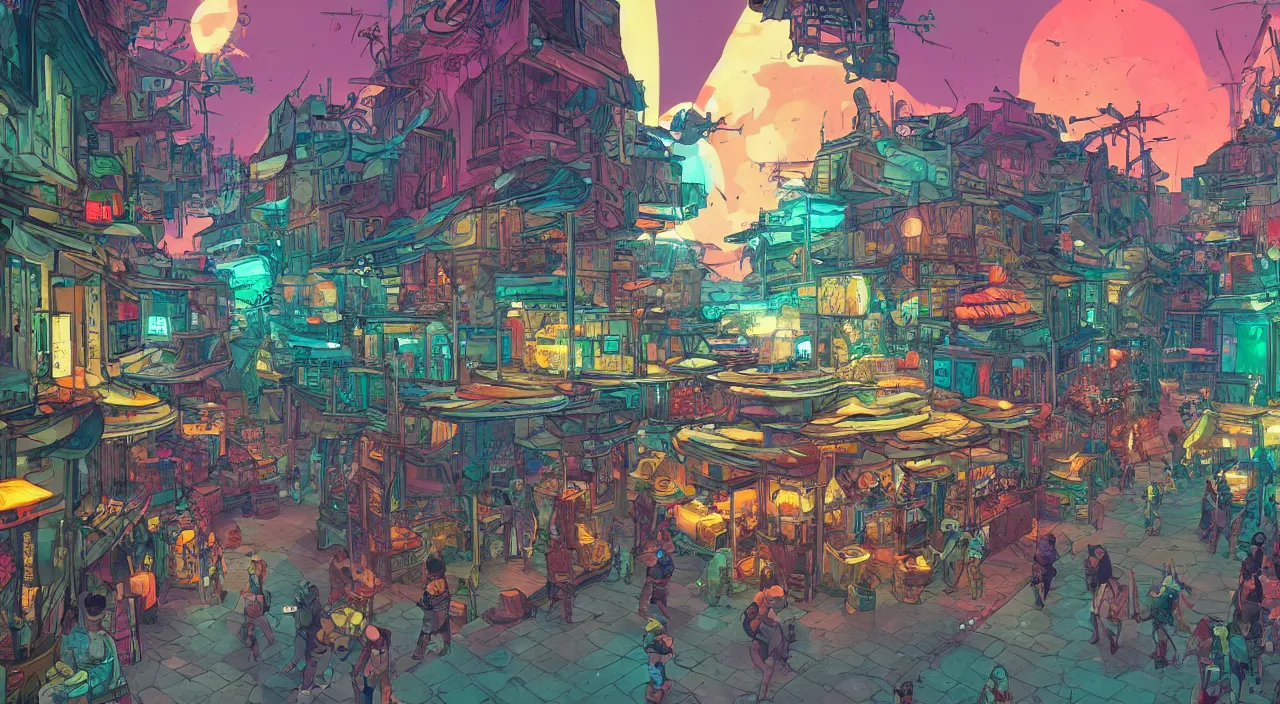 Image similar to bazaar zouk oriantal full color sky shine place mosquet painting stylized digital illustration video game icon global illumination ray tracing that looks like it is from borderlands and by feng zhu and loish and laurie greasley, victo ngai, andreas rocha, john harris