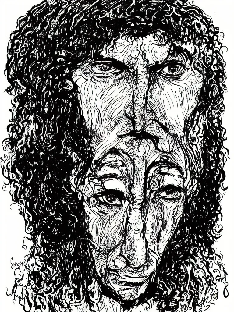 Prompt: face portrait of a shaman with a big nose and curly black hair, hand drawn illustration, ink and marker, by sergio toppi