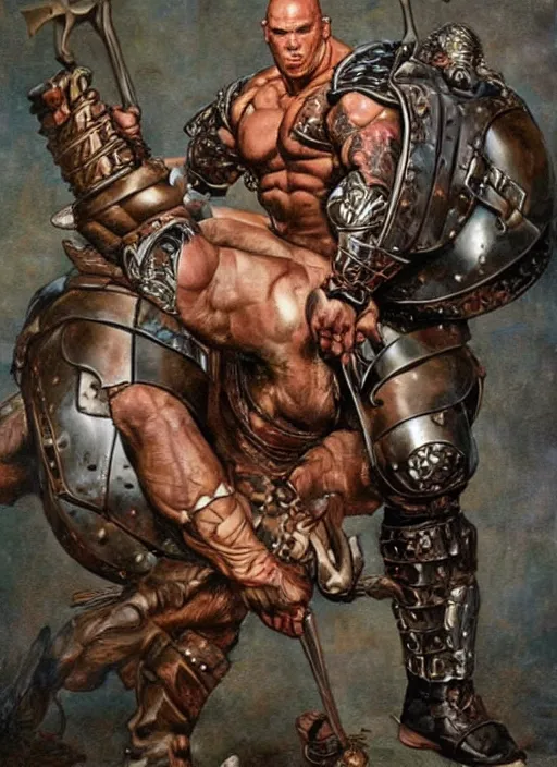 Image similar to full body portrait of martyn ford as the minotaur wearing leather and metal armour, dynamic action, by norman rockwell and jesper ejsing and tom lovell and frank schoonover