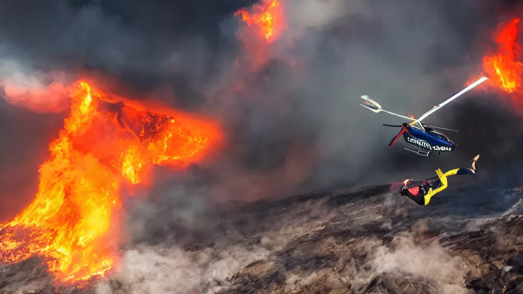 Image similar to person wearing a sponsored team jersey with logos jumping out of a helicopter with a surfboard into a volcano, action shot, dystopian, thick black smoke and fire, sharp focus