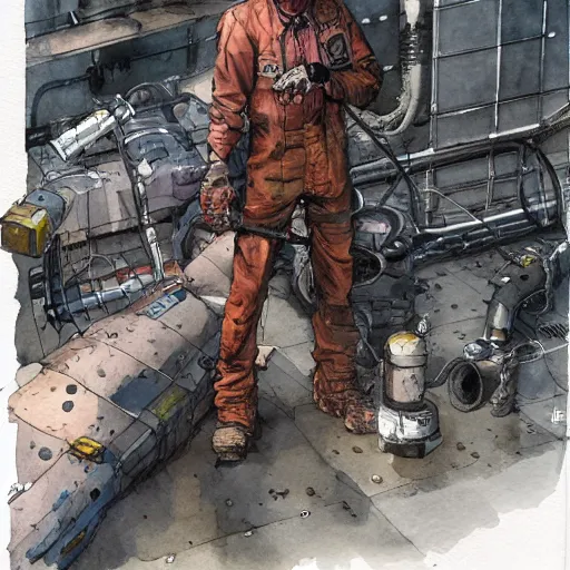 Image similar to watercolor of a cyberpunk mechanic, realistic, detailed, Industrial Scifi, in the style of Ashley Wood and Moebius