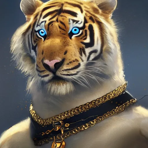 Prompt: an aesthetic award winning commission portrait of an anthro albino tiger wearing a golden chain around the neck and a black puffed jacket,digital art,art by greg rutkowski,ross tran,character design by charles bowater,photorealistic,detailed face,western comic,professional lighting,fantasy,deviantart,artstation