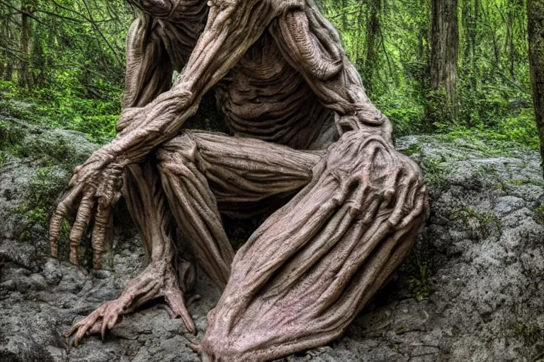 Prompt: high quality scary alienated monster statue sitting at the entrance of a cave in the middle of a forrest, highly detailed, cinematic smooth, stephen shore & john j. park, soft morning light, wide shot, high angle, uhd 8 k, deep focus