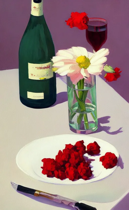 Image similar to beautiful still life featuring blooming flowers, tillamook cheese, and red wine, very coherent, painted by Edward Hopper, painted by James Gilleard, airbrush, art by JamesJean