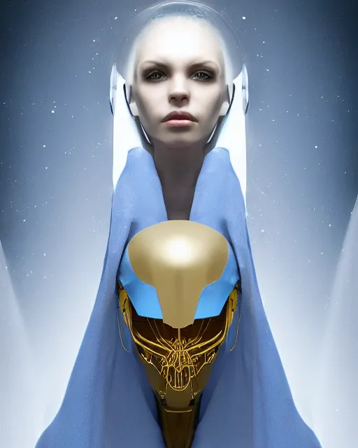 Image similar to detailed portrait of a cyborg, necromancer, benevolent, scifi, futuristic, elegant cape, year 2 1 0 0, elegant, alien room background, white, blue, gold, trending on artstation, soft light, holy machine, advanced technology, art by vitaly bulgarov and nivanh chanthara