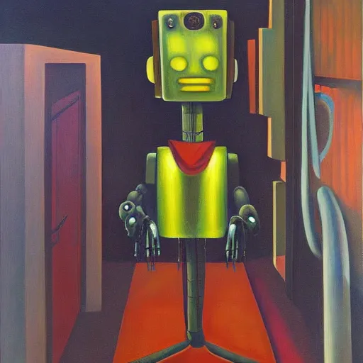 Image similar to weary robot emporer, dystopian, pj crook, edward hopper, oil on canvas