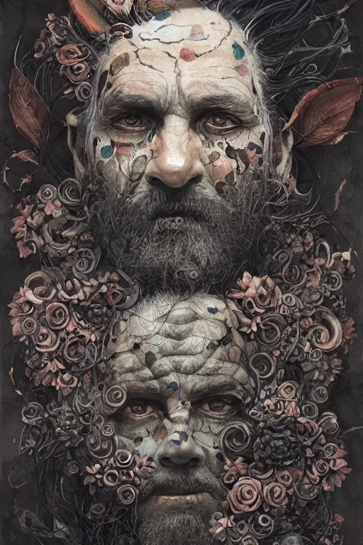 Image similar to portrait of hairy old man with aquarelle painted skin. close up. very dark black hair, large eyes. intricate dark flowers pattern on background, high detail, by Peter mohrbacher