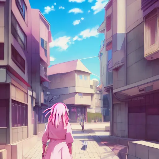 Prompt: anime schoolgirl with pink hair walking down a japanese street, digital painting, 4k, anime key visual, artstation, kuvshinov ilya