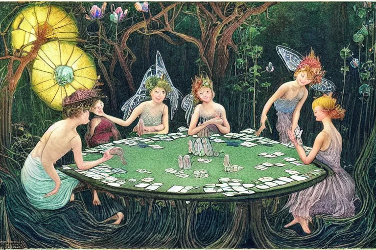 Prompt: a group of gracious fairies with wings playing cards!! on a blackjack table in an atmospheric moonlit forest next to a beautiful pond filled with water lilies, artwork by ida rentoul outhwaite