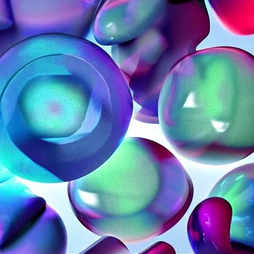 Prompt: 3 d render, magic translucent 3 d shapes, caustics, studio lighting, gemstone, magical, glowing, fruit candy, gushers, soft 3 d geometrical shapes, juicy, octane render, soft, high definition, beautiful mesh gradient colors, 1. 0 transmission, visual particles and static surrounding, clean aesthetic, blender, redshift, white background, ethereal