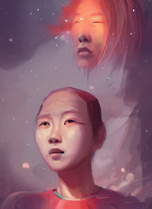 Image similar to colorful character portrait of a chinese prisoner at night lit by the stars, wispy smoke, highly detailed face, very intricate, symmetrical, cinematic lighting, award - winning, painted by mandy jurgens, peter doig, dystopian, bold colors, dark vibes, anime aesthetic, featured on artstation