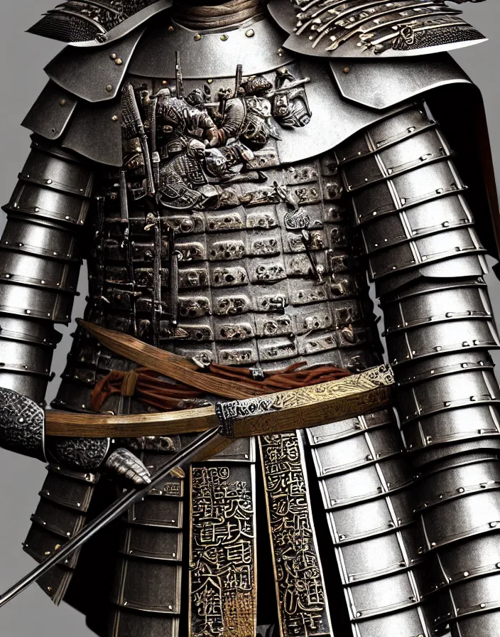 Image similar to detailed photorealistic ancient japanese samurai warrior soldier ⚔ 🪖 ⛩ with traditional japanese engravings and ornamentation on armour and weapons, and shining metallic 3 d surfaces, japanese calligraphy, wide angle, 3 d