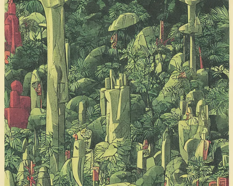 Image similar to Art Deco print of miniature stone tiki idols and totem poles in the jungle by Hasui Kawase and Lyonel Feininger.