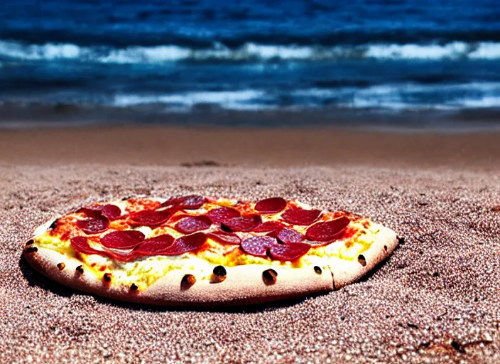 Image similar to clear highly detailed photorealistic food photograph of a wood oven cooked pizza with salami anchovies pepperoni lying on beach sand at sunset, waves next to it