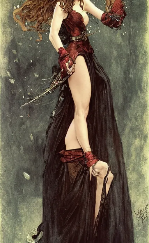 Image similar to full length portrait of a woman who is a mix of ana de armas and taylor swift, sorcereress using dark seduction magic, d & d, medieval, fantasy, royo, klimt, miro, vallejo, frazetta, alphonse mucha, greg rutkowski, whealan