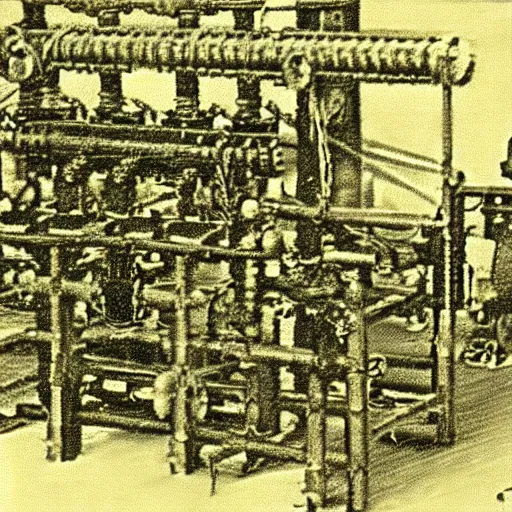 Prompt: grainy 1800s photo of a mechanical industrial era artificial intelligence made out of a jacquard loom