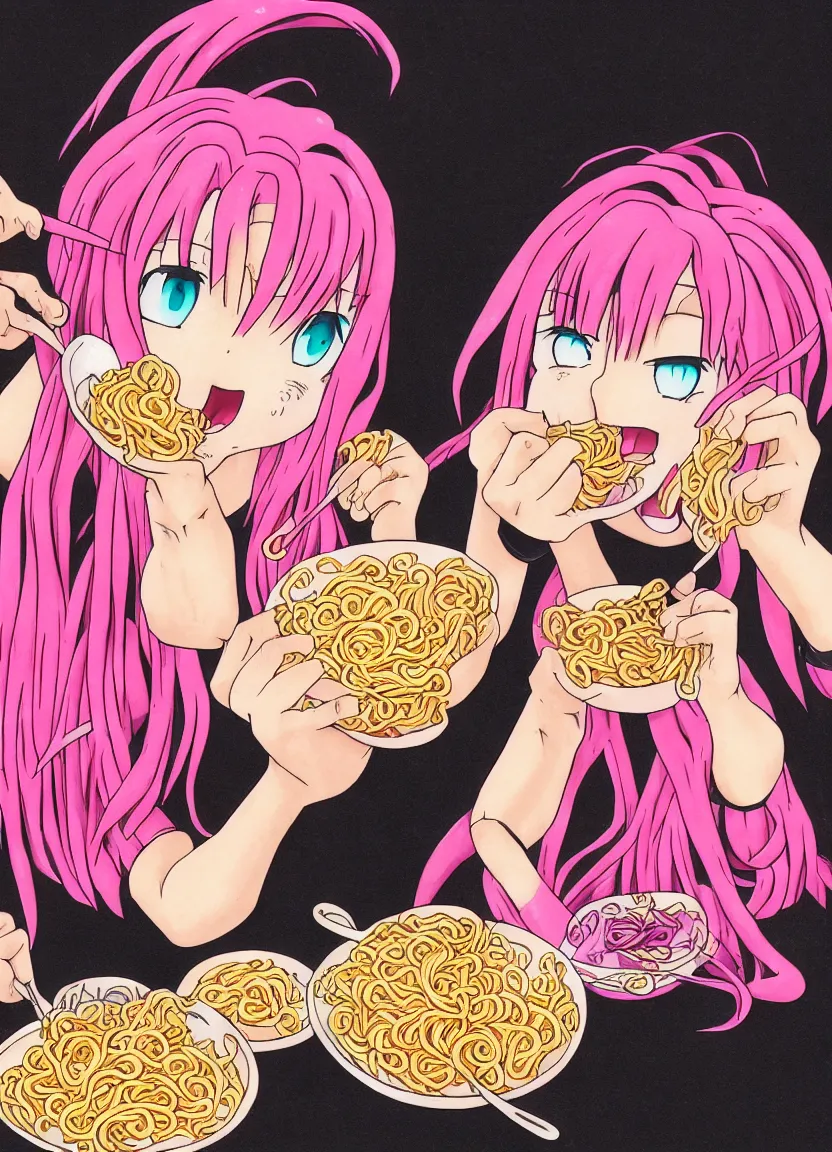 Prompt: anime girl with pink hair eating ramen noodles, black background, by akira toriyama