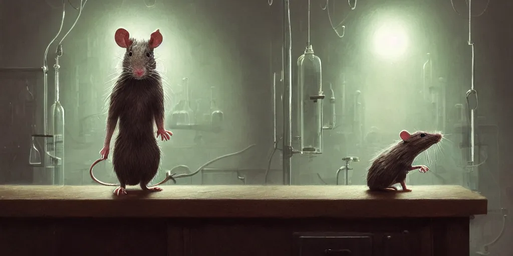 Image similar to highly realistic intricate rat standing on a desk in a laboratory with lots of flasks filled with magic liquids and poisonous fog, stephen bliss, unreal engine, fantasy art by greg rutkowski, loish, rhads, ferdinand knab, ilya kuvshinov, rossdraws, tom bagshaw, global illumination, radiant soft light, detailed and intricate environment