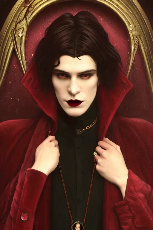 Image similar to a beautiful androgynous man, long thick dark hair, deep brown eyes, vampire, dressed in velvet, wearing a ruby pendant, illustration, dramatic lighting, soft details, painting oil on canvas, art nouveau, octane render, HDR, 4k, 8k, HD, by Edmund Blair Leighton, Brom, Charlie Bowater, faces by otto schmidt