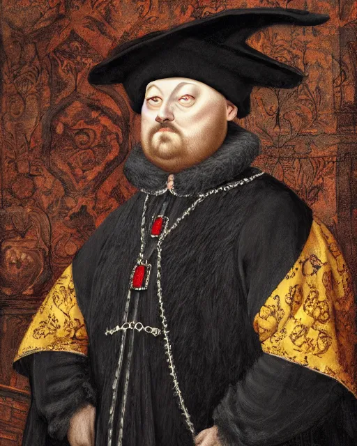 Prompt: fat dark gray cat with yellow eyes dressed like henry viii, tudor period robes in scarlet gold black, tudor bonnet, luxurious, opulent, regal, royal portrait, hans holbein the younger, greg rutkowski