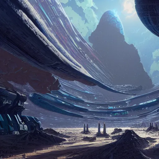 Prompt: a highly detailed digital matte painting of mineral extraction colony on the surface of an asteroid, by Stephan Martiniere and Raphael Lacoste and Peter Mohrbacher and Robert McCall, wide angle shot, futuristic, hyperdetailed, space, octane render, 8k