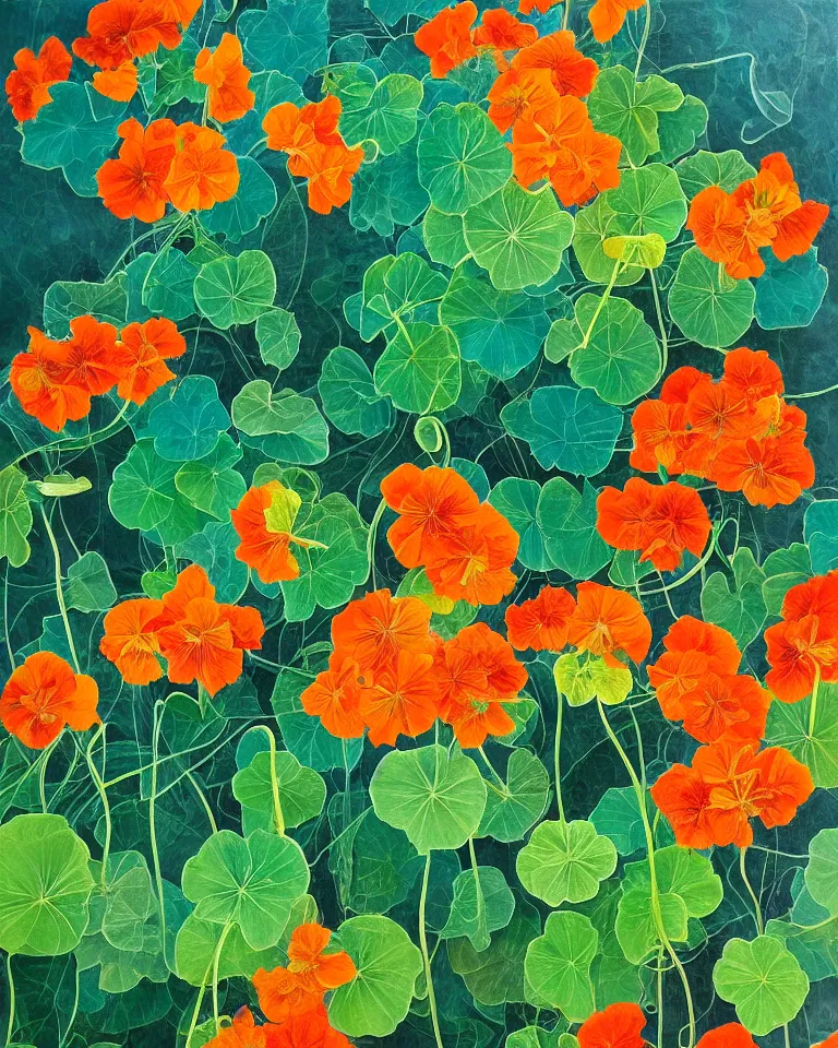 Prompt: fine painting of teal leafed nasturtiums and blue incense smoke.