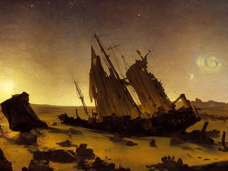 Image similar to an oil painting of an ancient shipwreck in the middle of an alien desert at dusk, aurora and stars light up the sky by carl spitzweg and tuomas korpi. baroque elements, full-length view. baroque element. intricate artwork by caravaggio. Trending on artstation. 8k