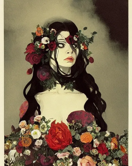 Prompt: a beautiful and eerie baroque painting of a beautiful but serious woman in layers of fear, with haunted eyes and dark hair piled on her head, 1 9 7 0 s, seventies, floral wallpaper, wilted flowers, a little blood, morning light showing injuries, delicate embellishments, painterly, offset printing technique, by moebius, robert henri, walter popp