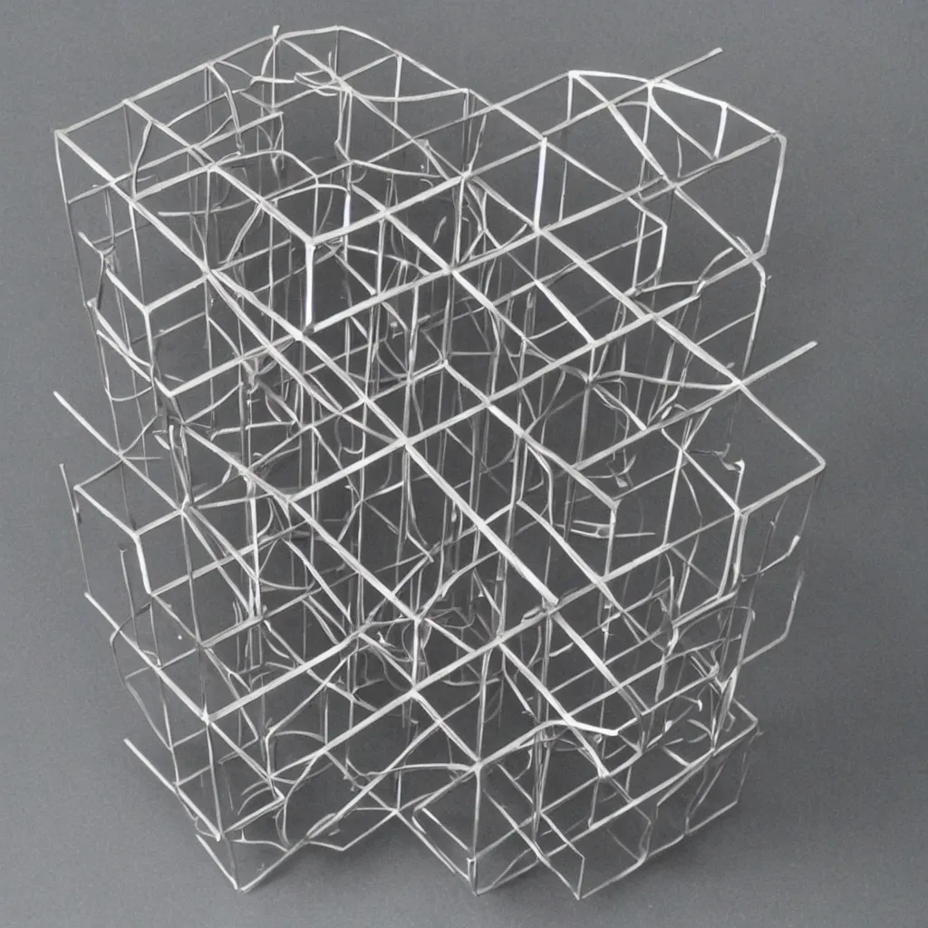 Image similar to a realistic metal sculpture of a hypercube, super detailed