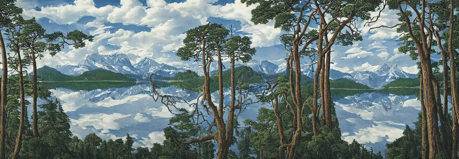 Image similar to escher painting of a lake, big trees reflecting on lake surface, mountains at background, snowy, ultra sharp, ultra detailed, uplifting emotion, colorized by salvador