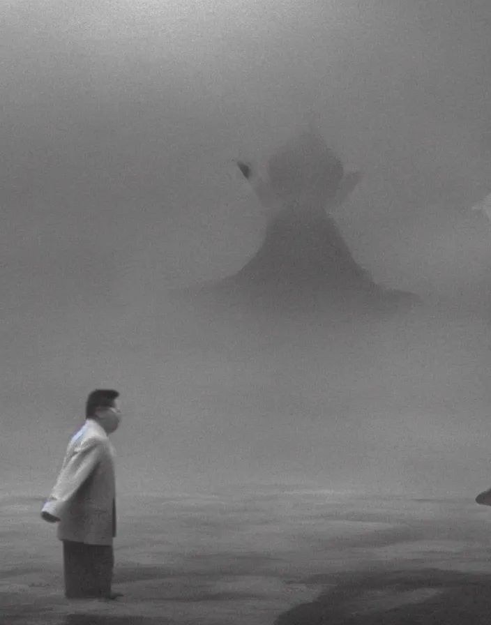 Image similar to very low - resolution found footage of kim jong - il and a starfish kaiju monster, fog, foggy, korean film noir, monochrome, red hue, thriller, underdeveloped, epic, dramatic