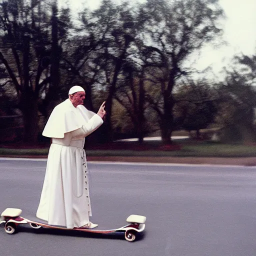 Image similar to fisheye lens Photography of a pope riding a skateboard, 1991, Polaroid