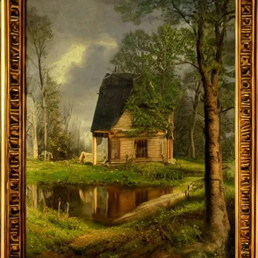 Image similar to a painting of a eerie cabin in the middle of the woods in the style of andreas achenback