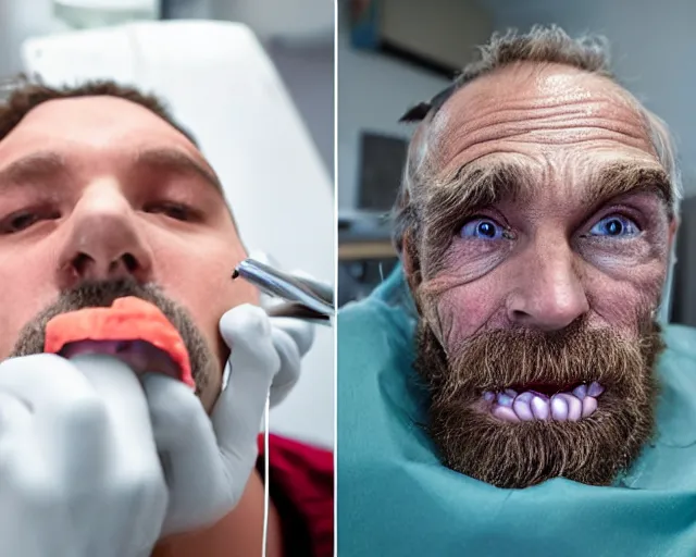 Image similar to a mouth full of bacteria. cursed image. realistic photograph. homeless man at the dentists office.