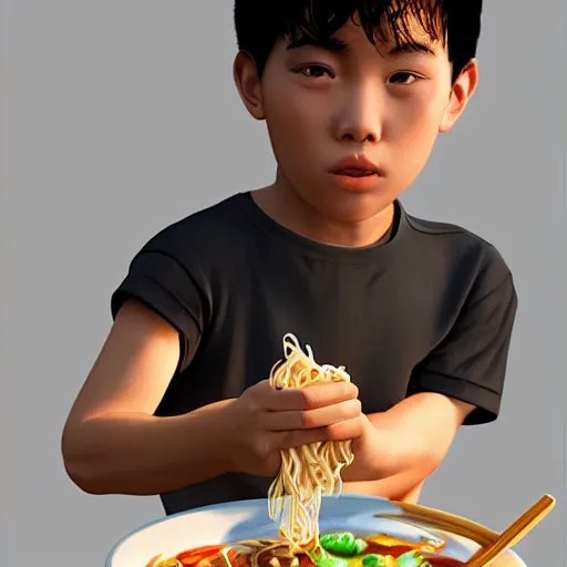 Image similar to a photorealistc digital art of a young asian boy eating noodles, award winning photography, trending on artstation