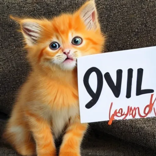 Image similar to cute fluffy orange tabby kitten with a sign that says