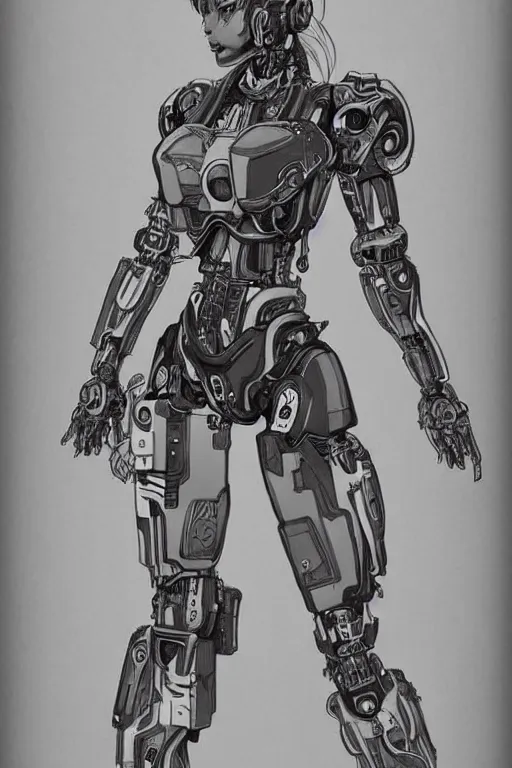 Image similar to full body illustration female cyborg, highly detailed, sumi - e art, suiboku - ga ink, by kim jisu, pen and ink monochrome, mecha, deviantart, artstation, pinterest