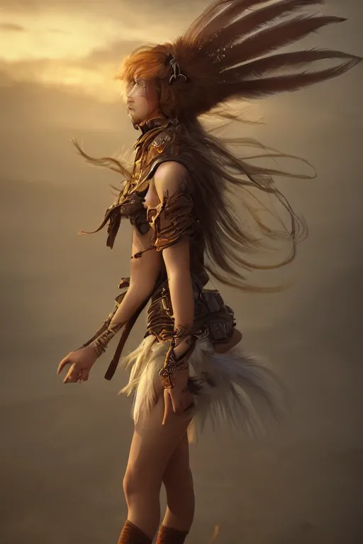 Image similar to beautiful young wind spirit, leather top, feather skirt, , golden hour, full body, post apocalyptic setting, medium shot, mid-shot, highly detailed, trending on Artstation