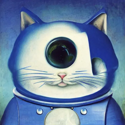 Prompt: head and shoulders masterpiece portrait of a cute adorable cat wearing a blue spacesuit, surreal background, digital art, by hieronymus bosch, trending on artstation, cgsociety,