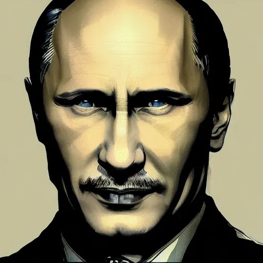 Prompt: vladimir putin, evil grin, painting by yoji shinkawa, yoshikata amano, greg ruthowski, detailed artwork, high quality, 4 k, 8 k, artstation