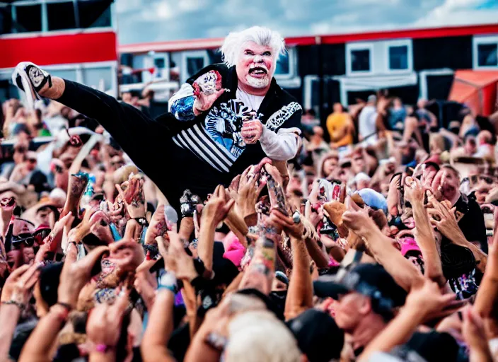 Image similar to photo still of rip taylor at vans warped tour!!!!!!!! at age 6 3 years old 6 3 years of age!!!!!!! stage diving at a crowd, 8 k, 8 5 mm f 1. 8, studio lighting, rim light, right side key light