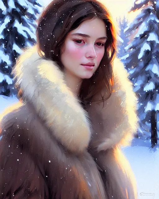 Prompt: a beautiful siberian girl with bear fur coat with beautiful decollete | | winter, realistic shaded, unpleasant face, bad looking, fine details, realistic shaded lighting poster by greg rutkowski, magali villeneuve, artgerm, jeremy lipkin and michael garmash and rob rey