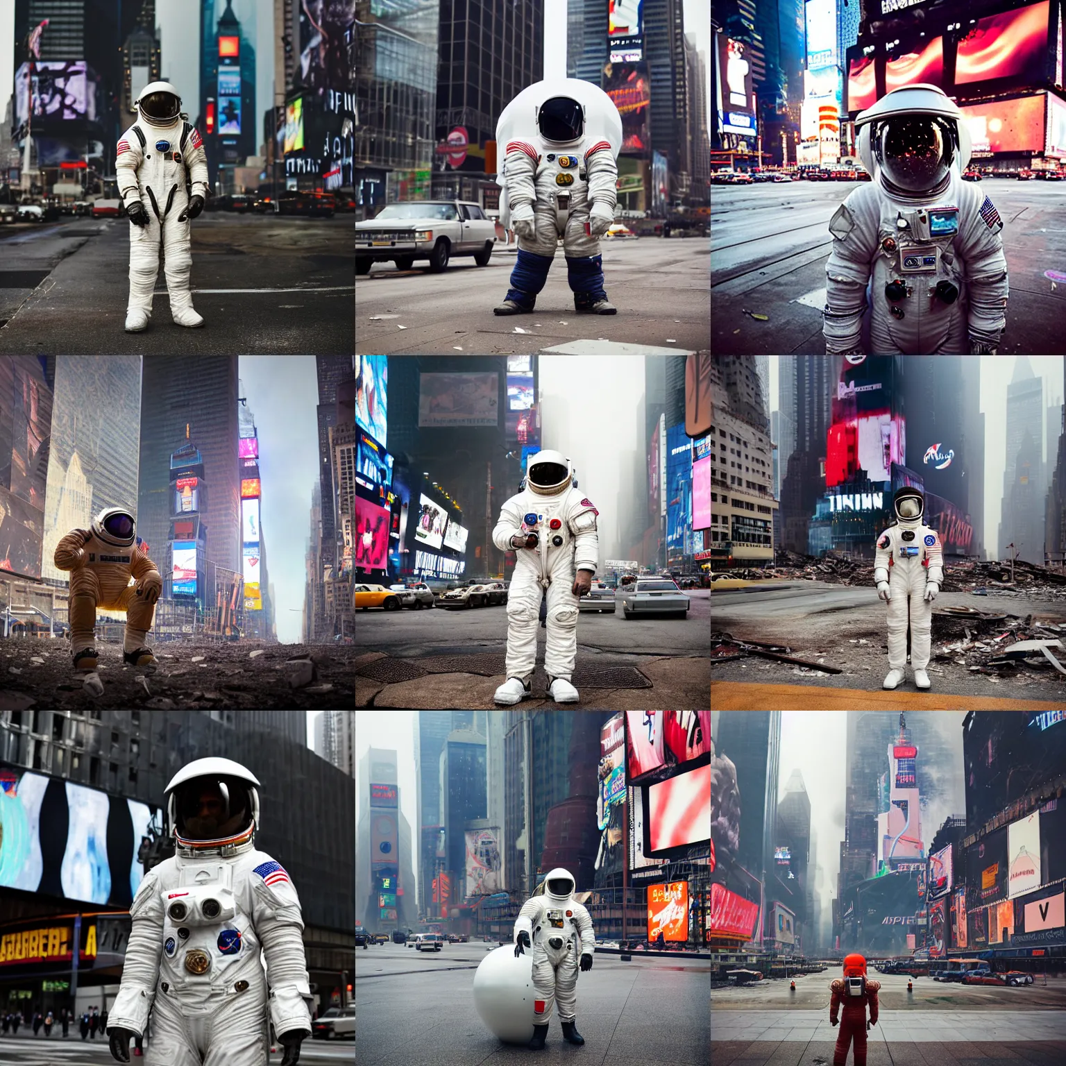 Prompt: american white spacesuit astronaut with oversized helmet in postapocalyptic abandoned destroyed times square, telephoto, bokeh, overcast, foggy, by steve mccurry, by nasa