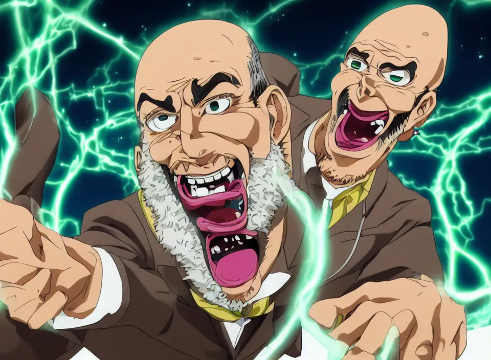 Prompt: In the style of JoJos Bizarre Adventure: Wide shot of a handsome bald italian scientist with brown eyes and a full beard wearing a white labcoat laughing maniacally at his glowing sparking creation on the table. His pose stance is unnaturally wide as he tilts his head looking directly at the camera with piercing eyes and flowing blue green aura emanates from his body, ultra high resolution, intricate details