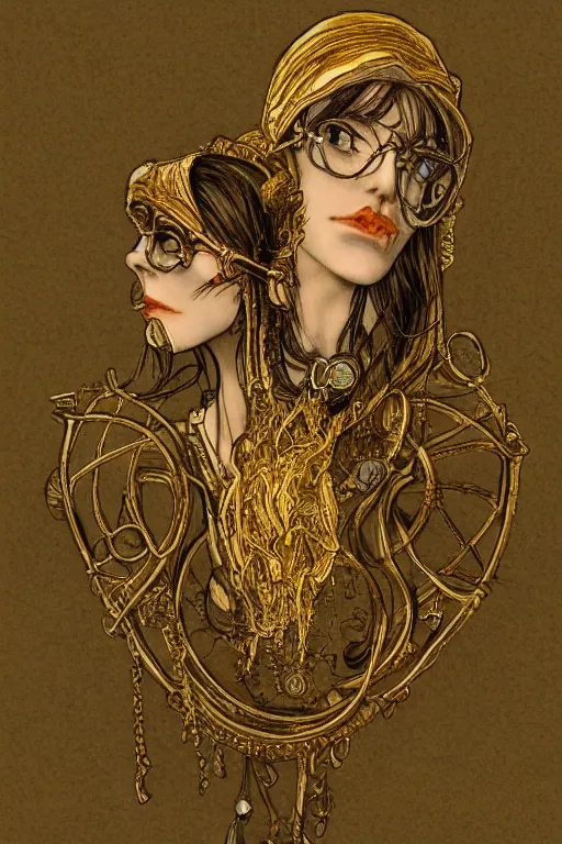 Prompt: grell alchemist wearing gold jewelry, in the style of Greg Broadmore and Arthur Rackham,trending on artstation, light lighting side view,digital art,surrealism ,macro,blueprint ,vaporwave ,