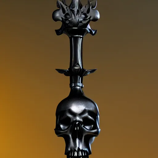 Image similar to a black sword skull handle, ornament, weapon, a 3 d render by dom qwek, studio lighting, front side view, trending on polycount, hard surface modeling, rendered in maya, 3 ds max, blender, artstation hd, vray