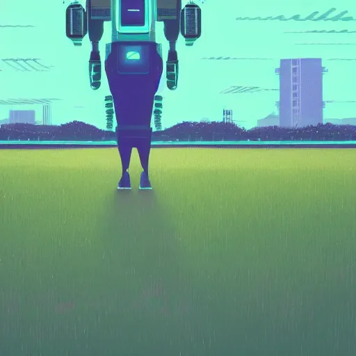 Prompt: a woman walking across a green field, a huge blue robot head in front of her, cyberpunk art by by james gilleard, cgsociety, retrofuturism, synthwave, retrowave, outrun