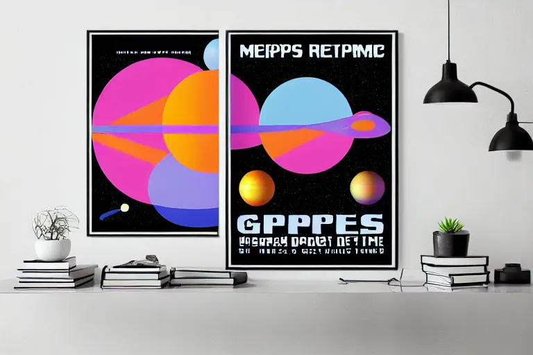 Prompt: retro 8 0 s memphis design poster graphics of geometric representation of gravity effects on space and time, geometric design, movement, perfect geometry, spheres, retro poster, symmetrical, serious, 8 0 s pop colors, poster